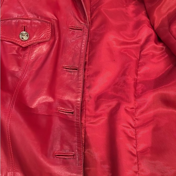 VINTAGE Y2K Women's Red genuine Leather Trench Coat mid length size M - Picture 9 of 11